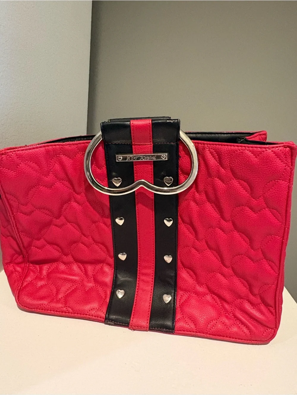 Betsey Johnson Red and Black Heart-Handle Quilted Tote